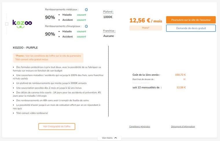 détail de l'offre du comparateur d'assurance animaux