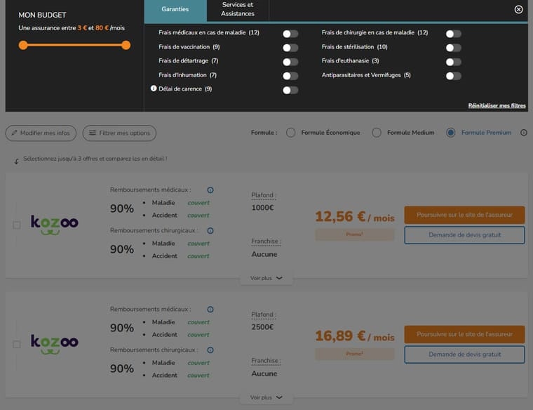 filtres des garanties du comparateur d'assurance animaux