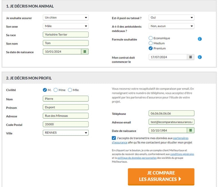 formulaire du comparateur d'assurance animaux