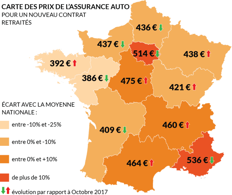 Carte de France des prix des nouveaux contras auto retraité