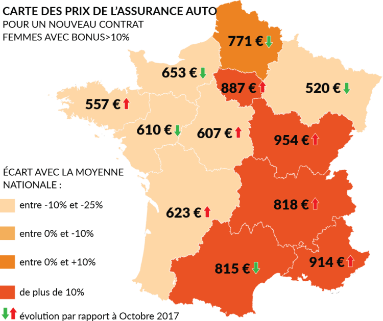 Carte de France des prix nouveaux contrats auto femmes bonus