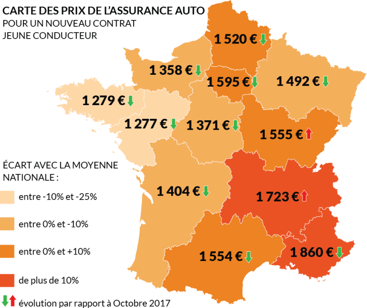 Carte de France des prix des nouveaux contrats auto jeunes conducteurs